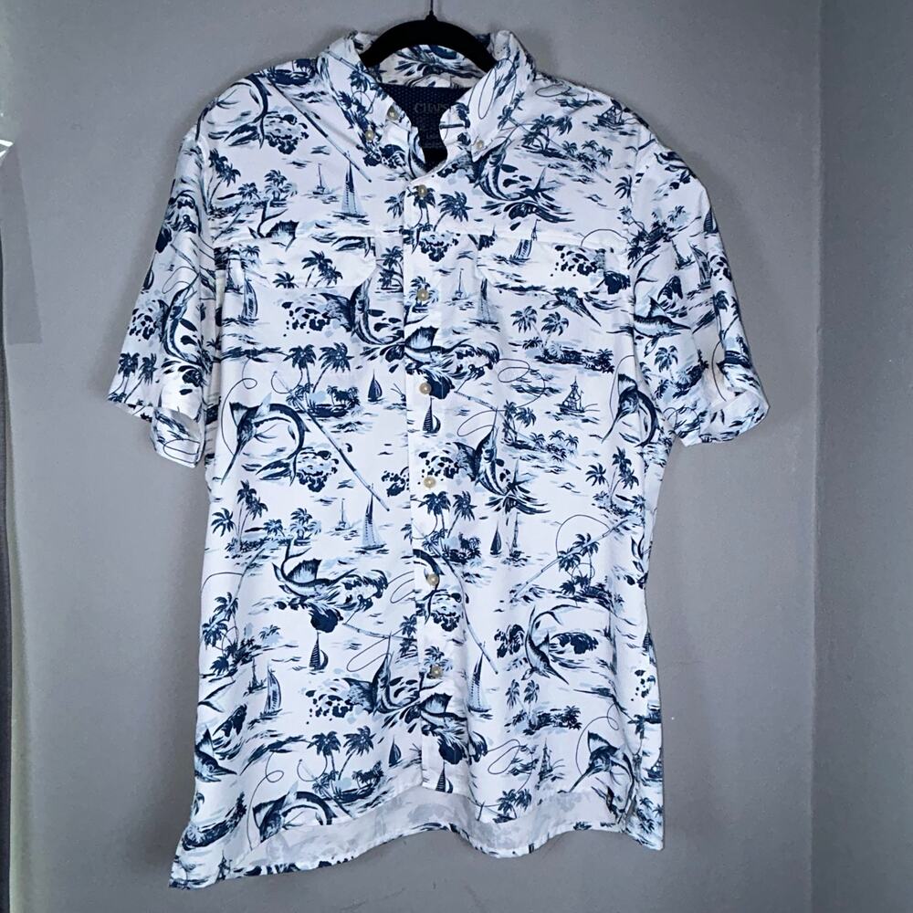CHAPS Tropical/Fishing Print SS Button Up White Blue Mens Sz L